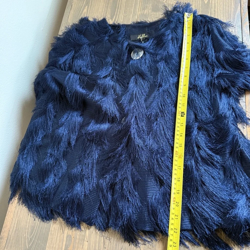 Kellee Womens‎ Small Navy Blue Fringe Flare 3/4 Sleeve Button Up Cardigan